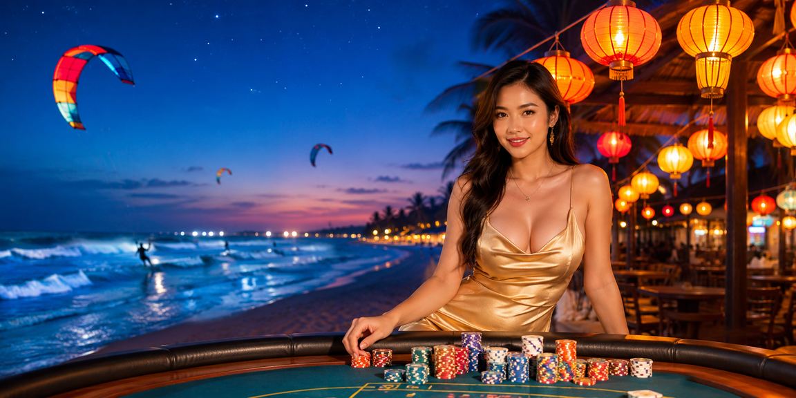 Không khí đêm phố cổ Hội An với ánh đèn lồng và người dùng trải nghiệm casino trực tuyến